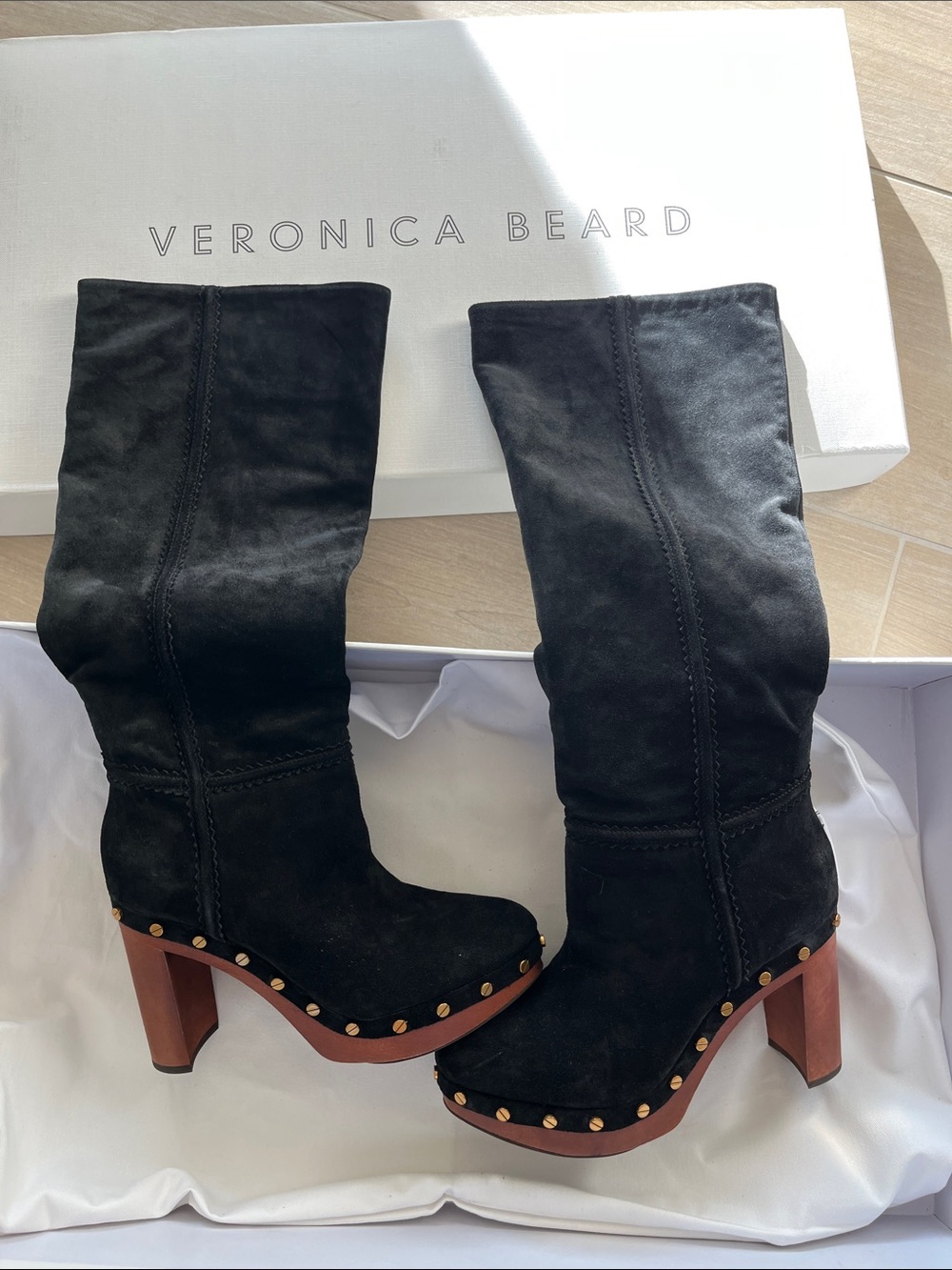 Veronica Beard Black Suede Studded Platform Knee Boots